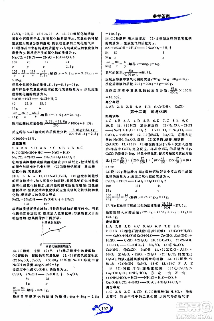2019新版走進(jìn)重高培優(yōu)講義化學(xué)九年級(jí)全一冊(cè)人教版參考答案