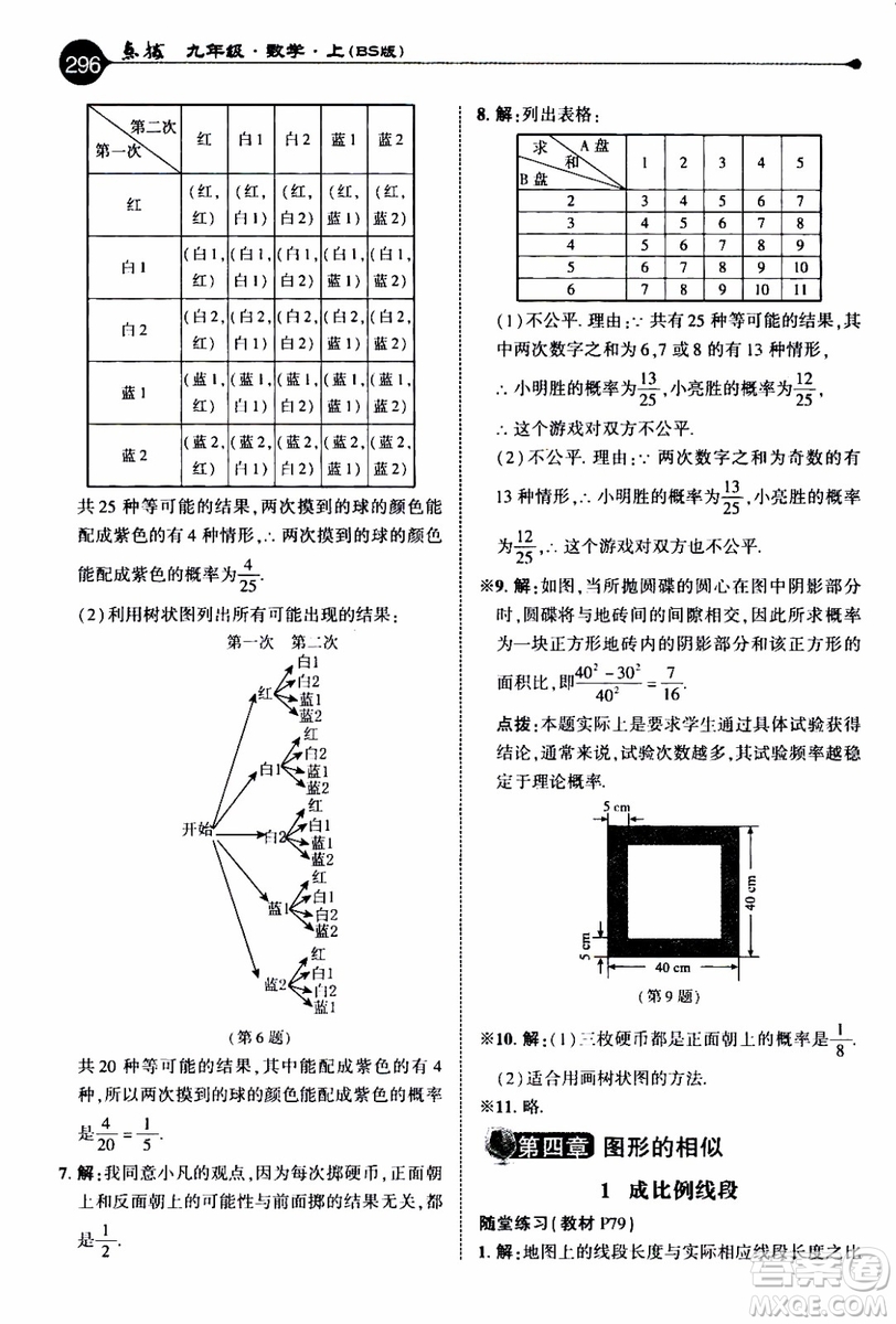 2019年榮德基特高級(jí)教師點(diǎn)撥數(shù)學(xué)九年級(jí)上BS版北師版參考答案