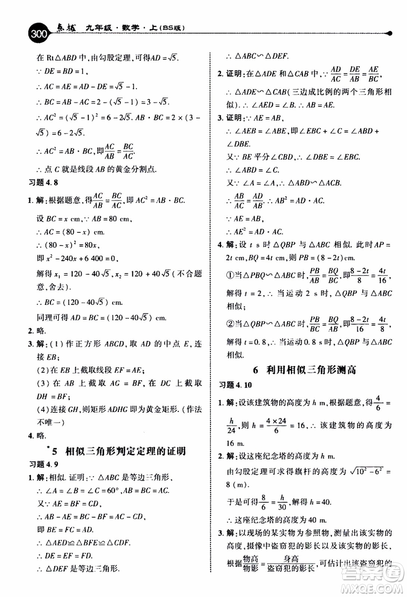 2019年榮德基特高級(jí)教師點(diǎn)撥數(shù)學(xué)九年級(jí)上BS版北師版參考答案