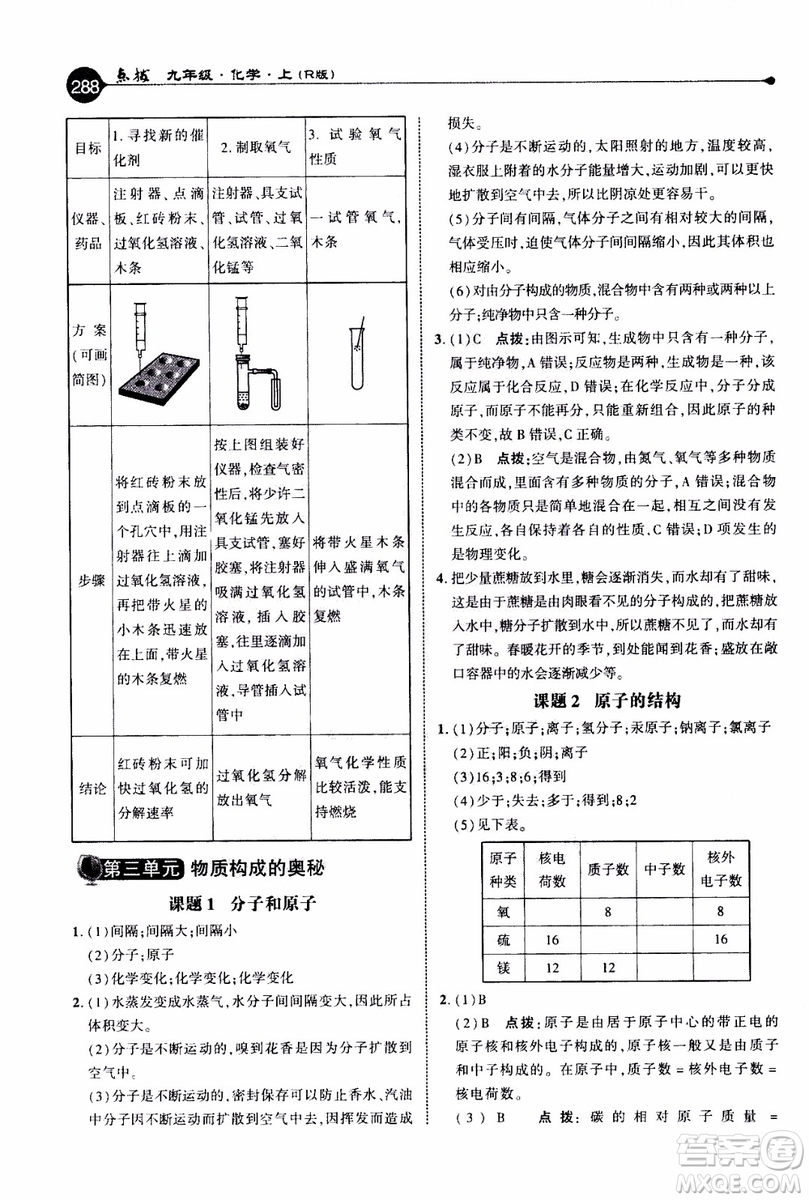 2019年榮德基特高級(jí)教師點(diǎn)撥化學(xué)九年級(jí)上R版人教版參考答案