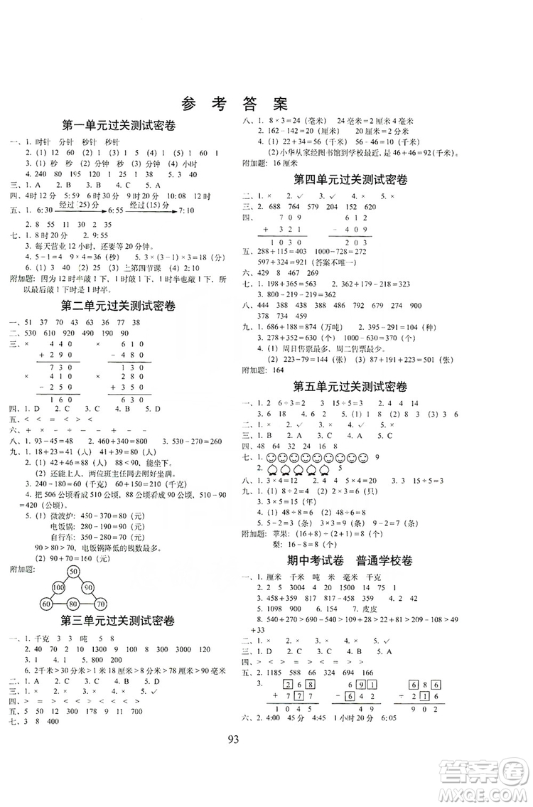 68所名校圖書2019秋期末沖刺100分完全試卷三年級數(shù)學(xué)上冊RJ課標(biāo)版答案