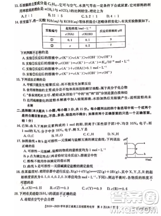 浙江省2020屆高三百校聯(lián)考化學試題及答案
