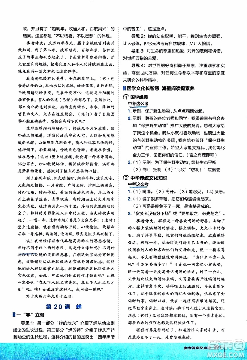 2019年榮德基特高級(jí)教師點(diǎn)撥語文八年級(jí)上R版人教版參考答案