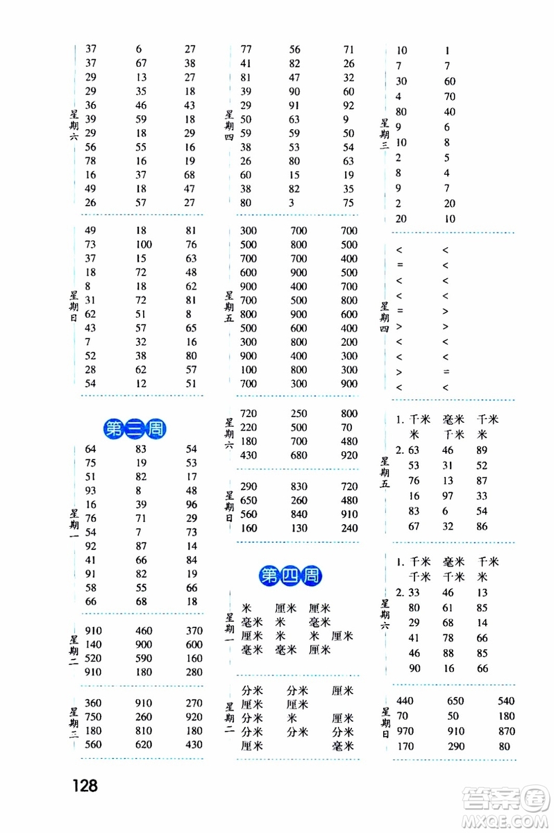 2019秋經(jīng)綸學(xué)典口算達(dá)人三年級數(shù)學(xué)上冊RJ人教版參考答案