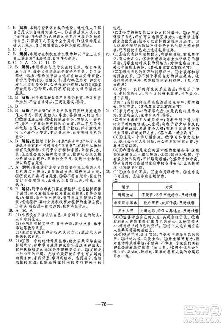 春雨教育2019期末闖關(guān)沖刺100分七年級道德與法治上冊RMJY人教版答案