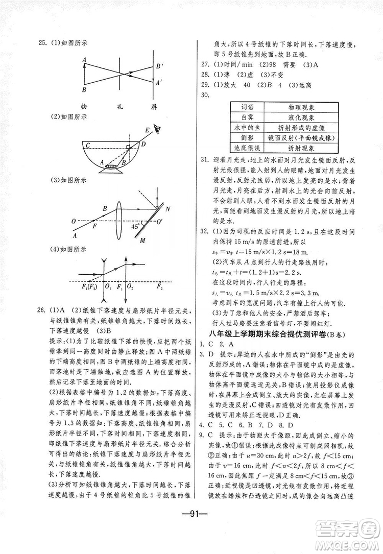 春雨教育2019期末闖關(guān)沖刺100分8年級(jí)物理上冊(cè)蘇科版答案