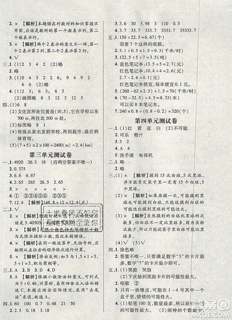 狀元天天練同步練習五年級數(shù)學上冊人教版2019年秋新版參考答案