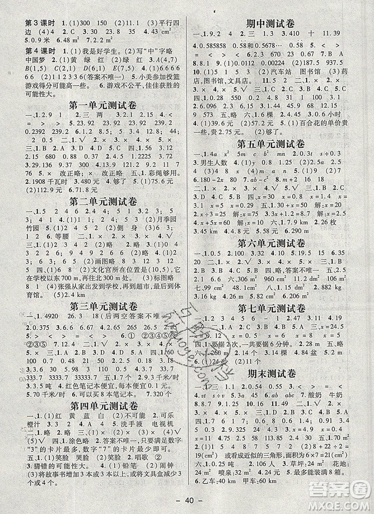 狀元天天練同步練習五年級數(shù)學上冊人教版2019年秋新版參考答案