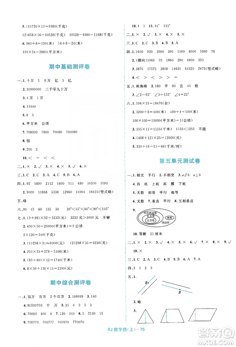 2019贏在起跑線天天100分小學(xué)優(yōu)化測(cè)試卷數(shù)學(xué)四年級(jí)上冊(cè)RJ人教版答案