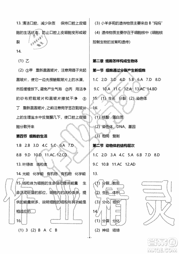 海天出版社2019秋知識與能力訓(xùn)練生物七年級上冊人教版參考答案