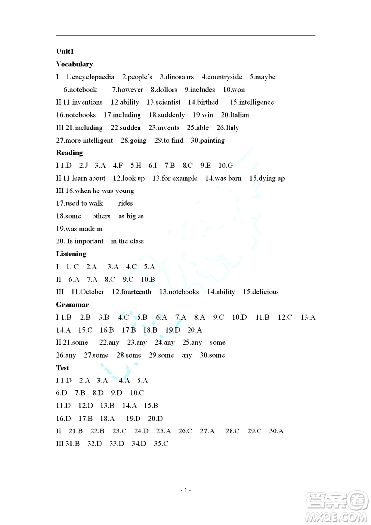 2019秋知識(shí)與能力訓(xùn)練英語自主學(xué)習(xí)手冊(cè)八年級(jí)上冊(cè)基礎(chǔ)版上教版參考答案
