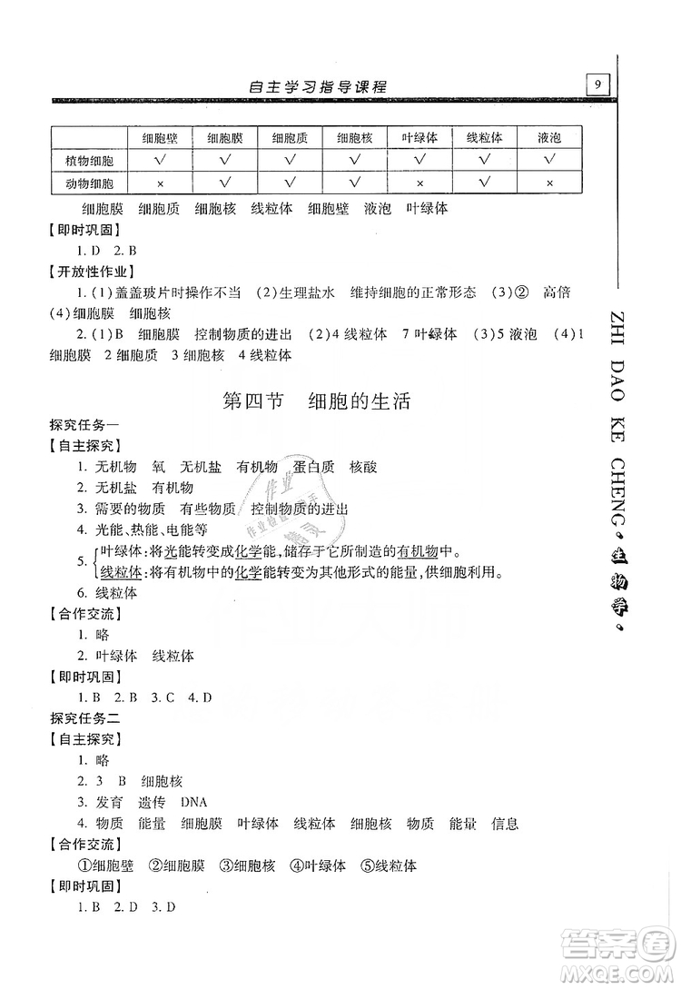 明天出版社2019自主學習指導課程七年級生物學上冊人教版答案