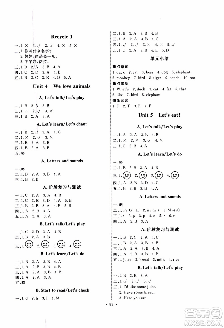 2019年能力培養(yǎng)與測(cè)試英語三年級(jí)上冊(cè)PEP人教版參考答案