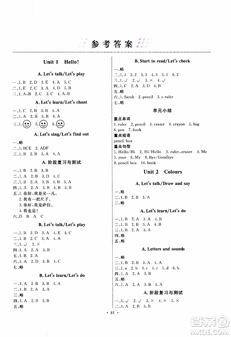 2019年能力培養(yǎng)與測(cè)試英語三年級(jí)上冊(cè)PEP人教版參考答案
