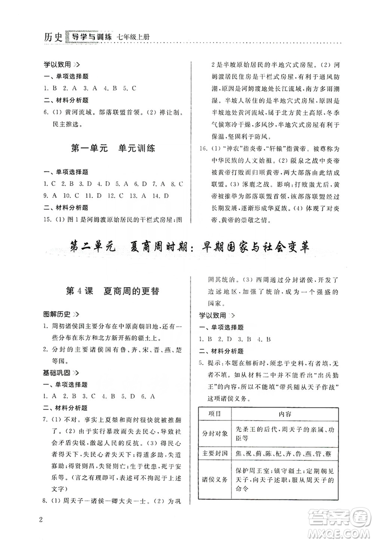山東人民出版社2019導(dǎo)學(xué)與訓(xùn)練七年級歷史上冊人教版答案