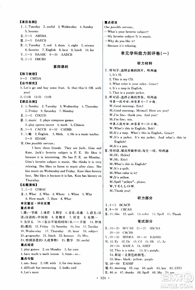 2019年能力培養(yǎng)與測(cè)試英語(yǔ)七年級(jí)上冊(cè)人教版參考答案