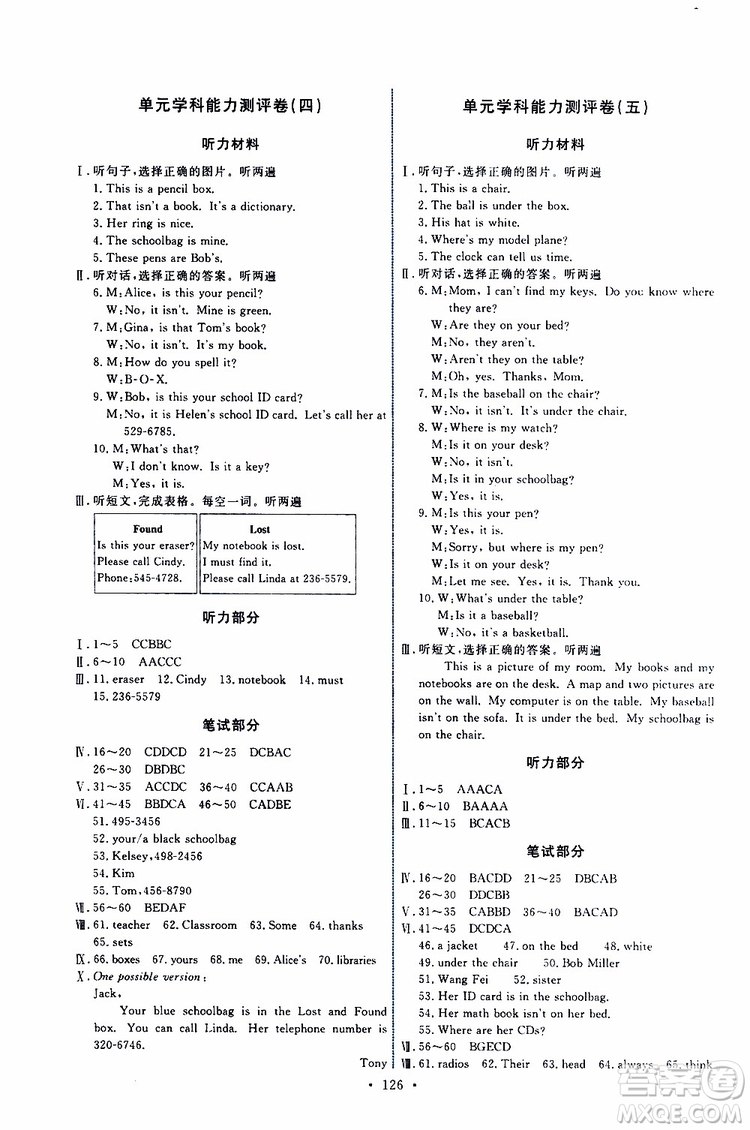 2019年能力培養(yǎng)與測(cè)試英語(yǔ)七年級(jí)上冊(cè)人教版參考答案