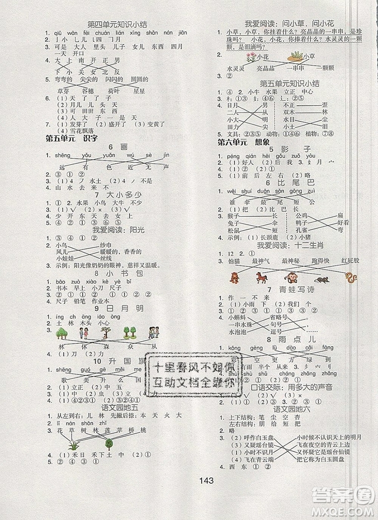 全品學(xué)練考一年級語文上冊京津?qū)０?019年秋新版答案