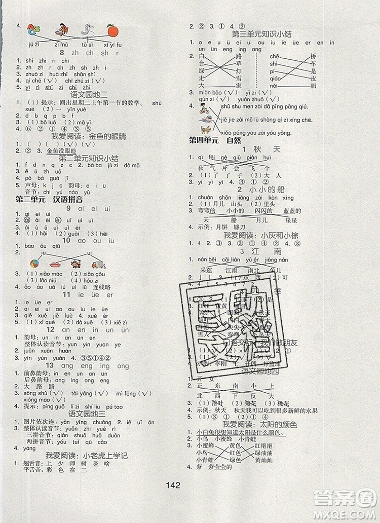 全品學(xué)練考一年級語文上冊京津?qū)０?019年秋新版答案