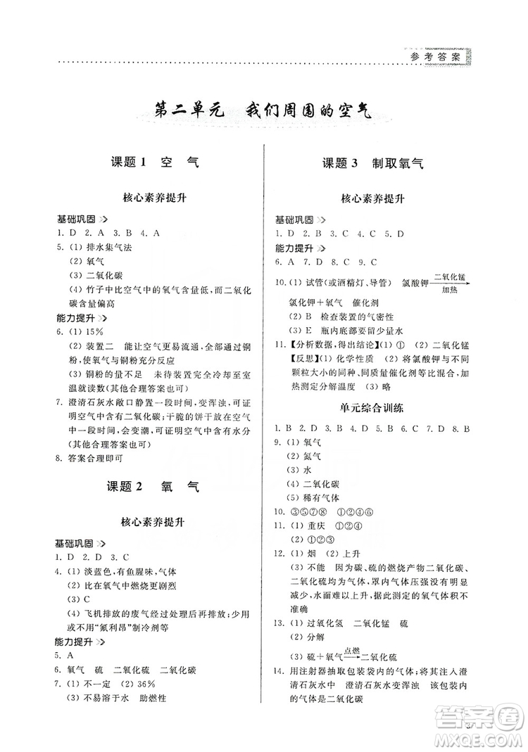 山東人民出版社2019導(dǎo)學(xué)與訓(xùn)練化學(xué)九年級(jí)上冊(cè)人教版答案