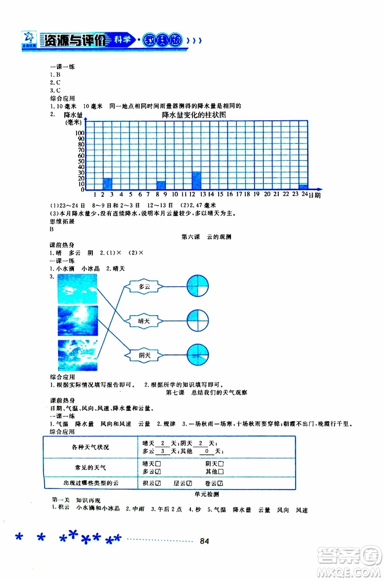 黑龍江教育出版社2019年資源與評價科學(xué)四年級上冊教科版參考答案