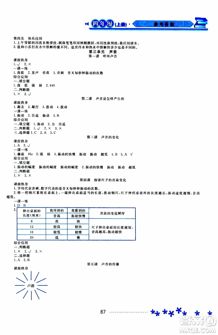 黑龍江教育出版社2019年資源與評價科學(xué)四年級上冊教科版參考答案