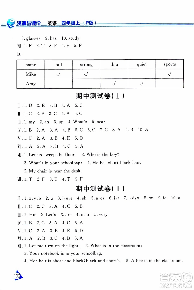 黑龍江教育出版社2019年資源與評(píng)價(jià)英語(yǔ)四年級(jí)上冊(cè)人教版P版參考答案