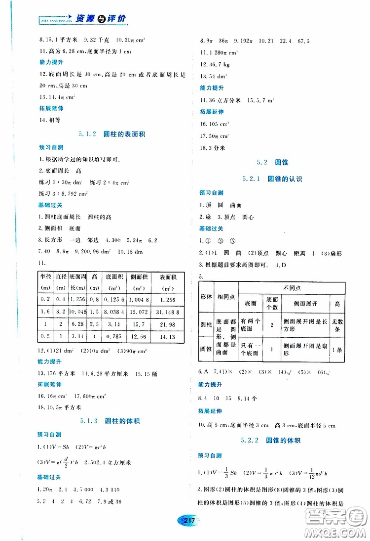 2019年五四學(xué)制資源與評價數(shù)學(xué)六年級上冊人教版參考答案