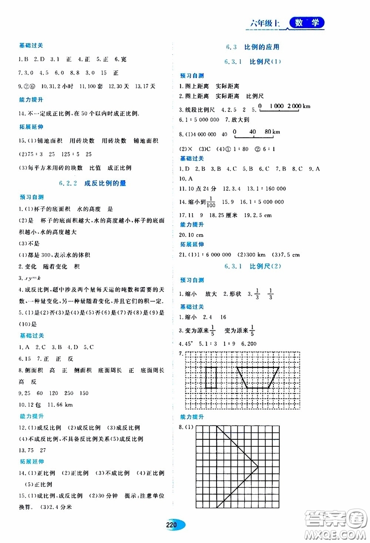 2019年五四學(xué)制資源與評價數(shù)學(xué)六年級上冊人教版參考答案