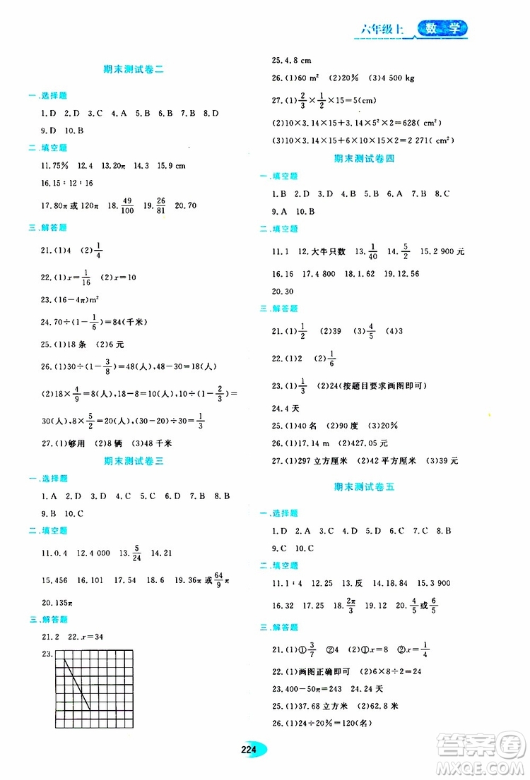 2019年五四學(xué)制資源與評價數(shù)學(xué)六年級上冊人教版參考答案