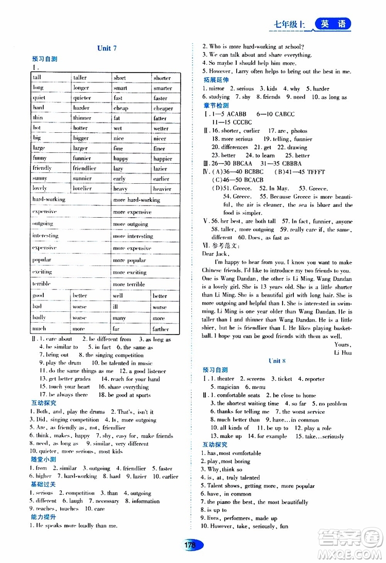 2019年五四學(xué)制資源與評(píng)價(jià)英語(yǔ)七年級(jí)上冊(cè)山教版參考答案