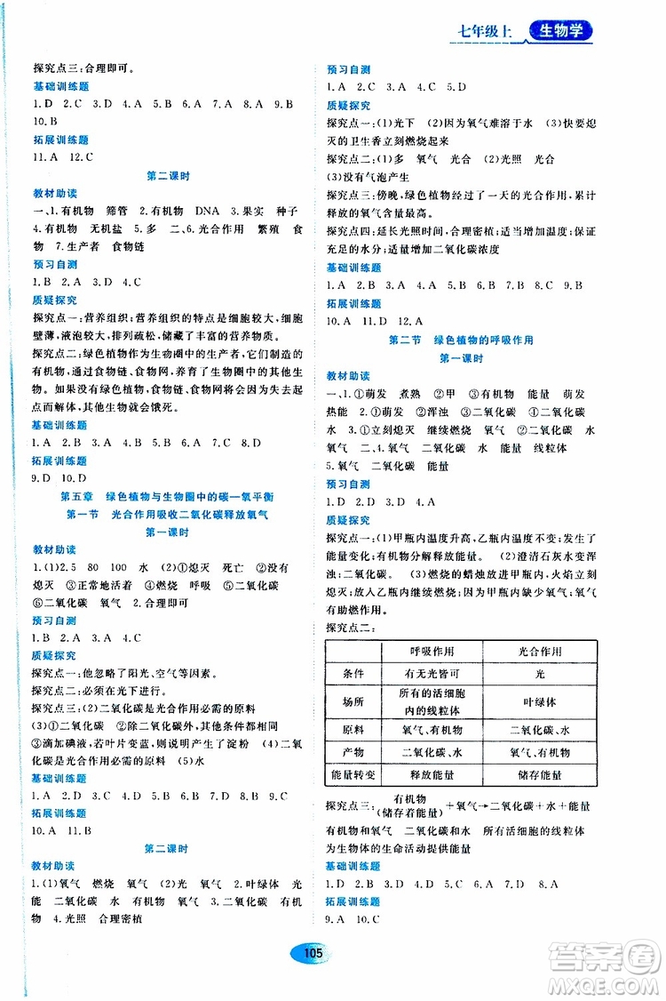2019年資源與評價生物學(xué)七年級上冊人教版參考答案