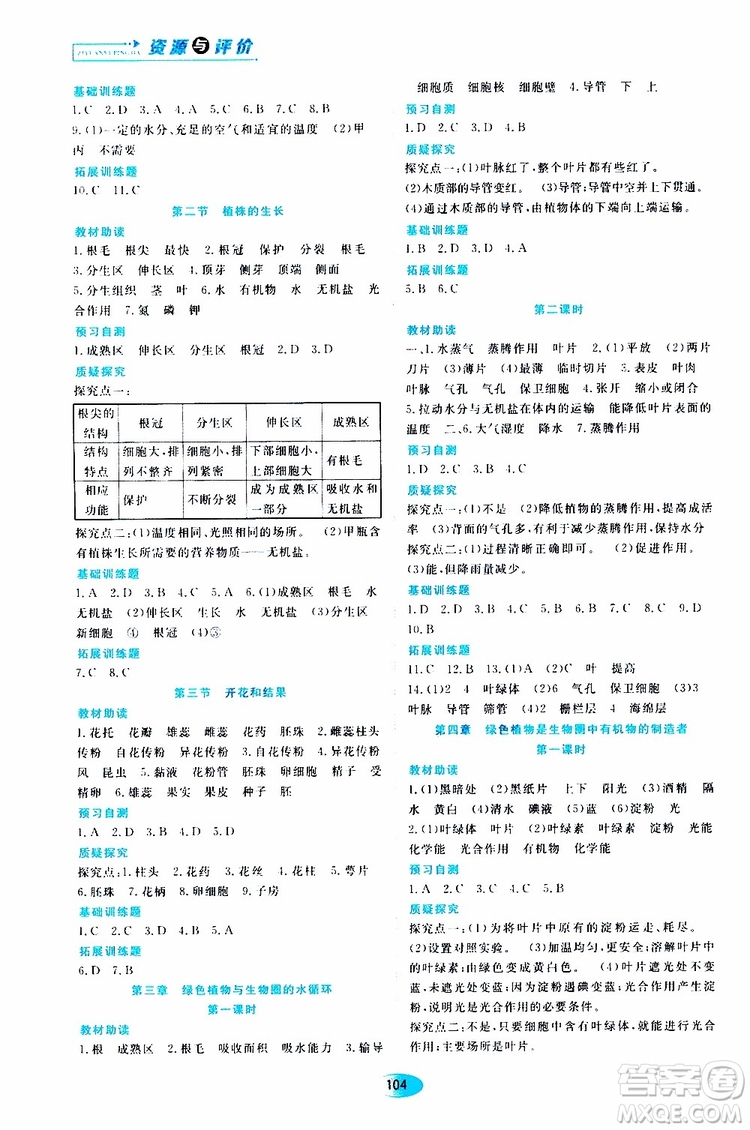 2019年資源與評價生物學(xué)七年級上冊人教版參考答案