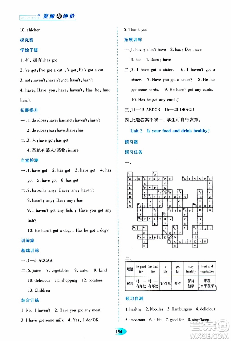 2019年資源與評價英語七年級上冊外研版參考答案