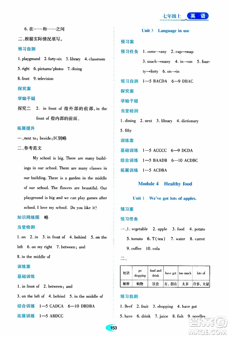 2019年資源與評價英語七年級上冊外研版參考答案