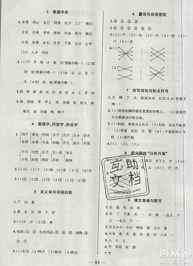 現(xiàn)代教育出版社2019年走向優(yōu)等生一年級語文上冊人教版答案