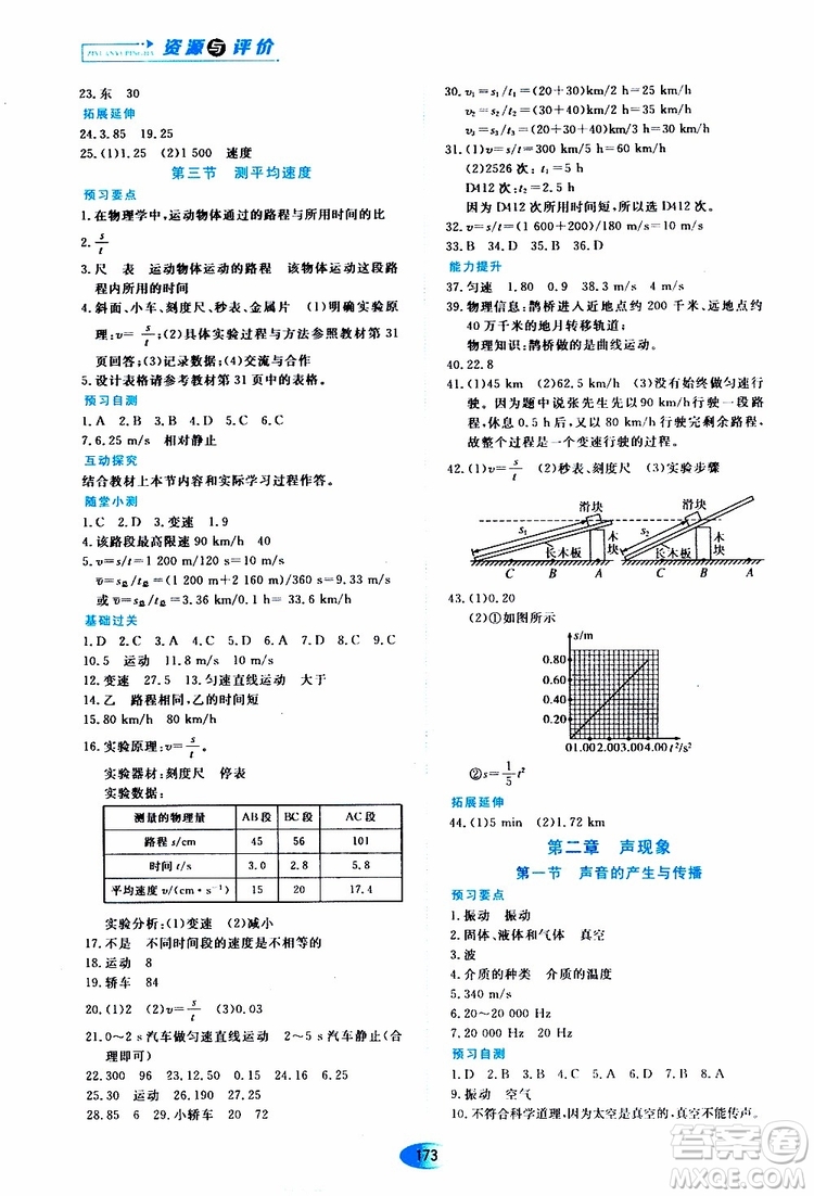 2019年五四學制資源與評價物理八年級上冊山科技版參考答案