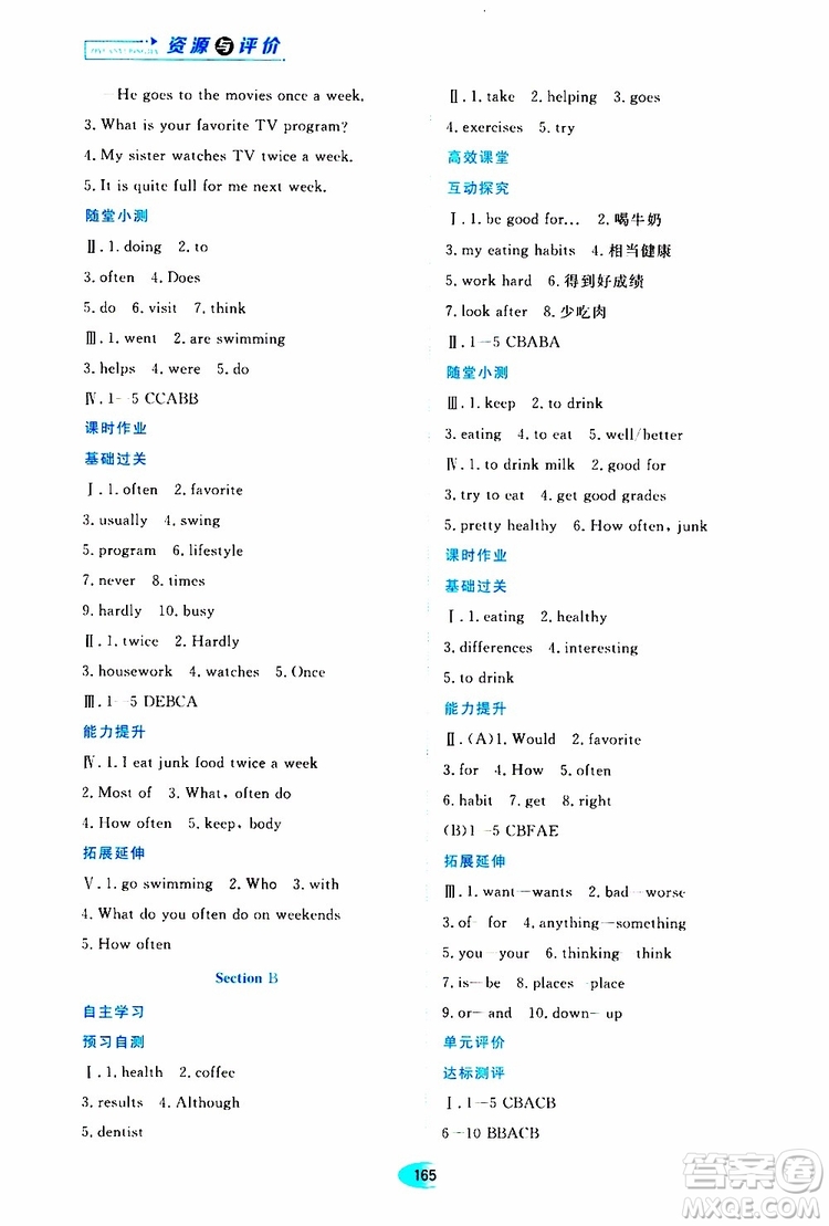 黑龍江教育出版社2019年資源與評(píng)價(jià)英語(yǔ)八年級(jí)上冊(cè)人教版參考答案