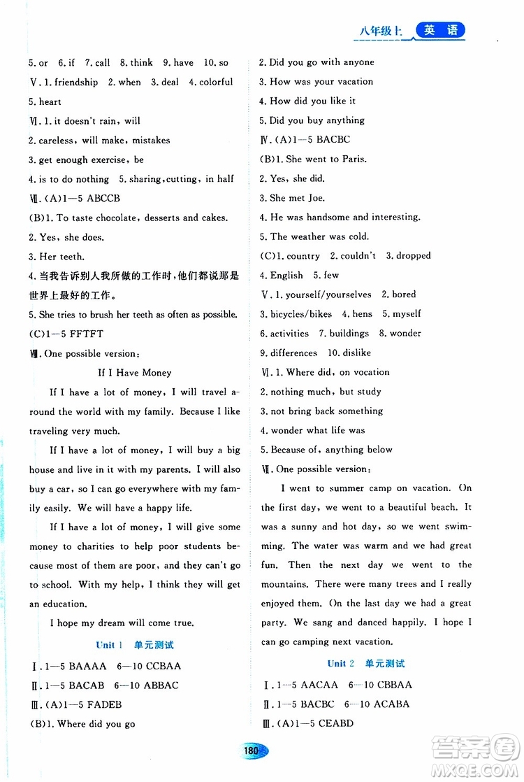 黑龍江教育出版社2019年資源與評(píng)價(jià)英語(yǔ)八年級(jí)上冊(cè)人教版參考答案