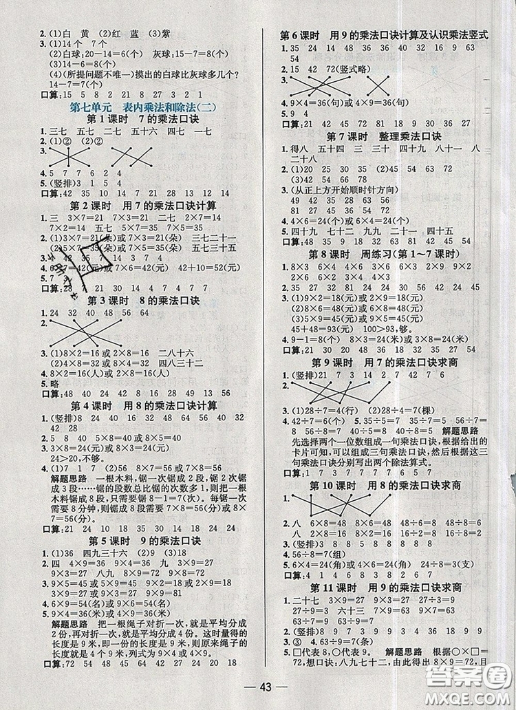 現(xiàn)代教育出版社2019年走向優(yōu)等生二年級(jí)數(shù)學(xué)上冊(cè)冀教版答案