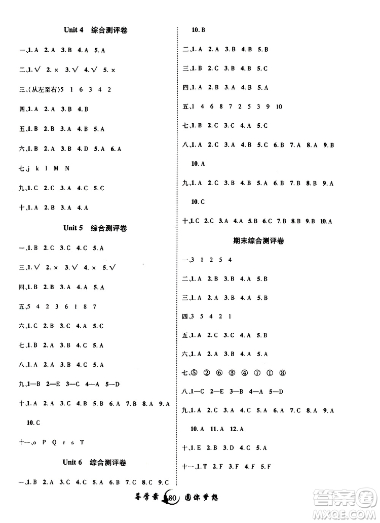 2019年優(yōu)質(zhì)課堂導(dǎo)學(xué)案英語三年級(jí)上冊RJ人教版參考答案