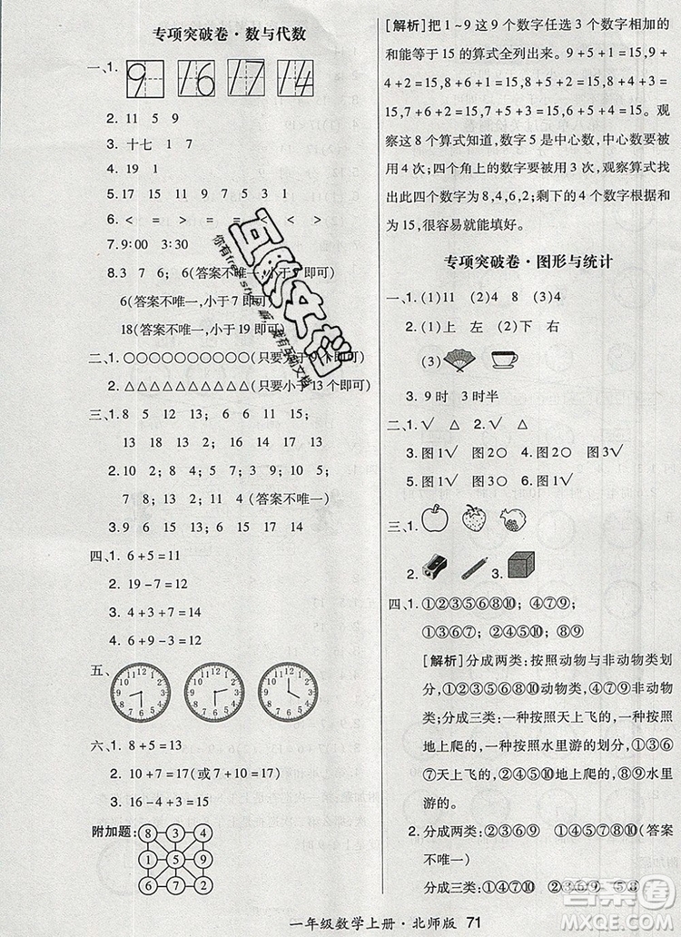 2019年秋新版贏在立德狀元1卷通一年級數學上冊北師大版答案