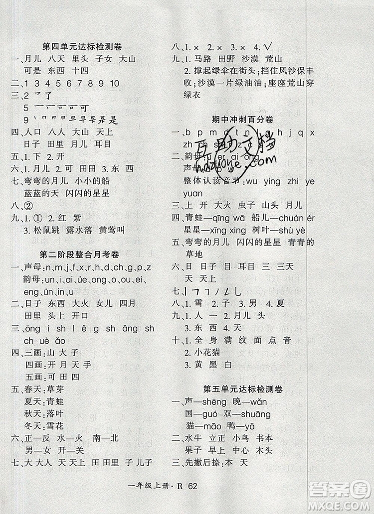 2019年秋新版贏在立德狀元1卷通一年級(jí)語文上冊人教版答案