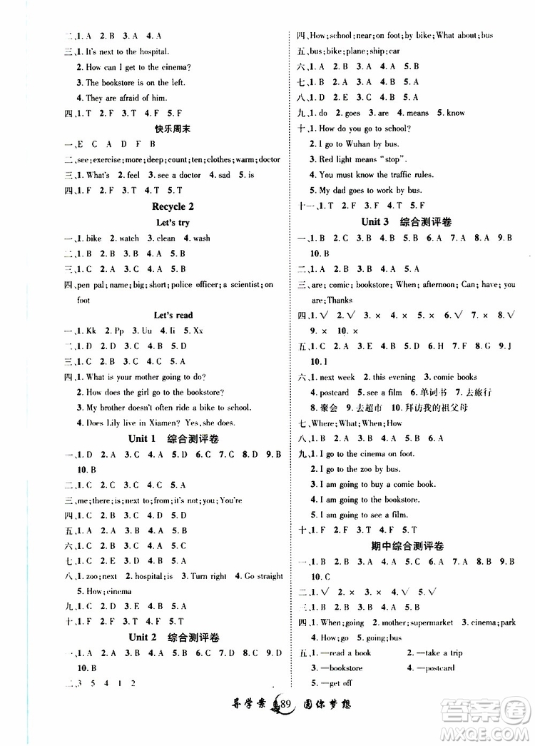 2019年優(yōu)質(zhì)課堂導(dǎo)學(xué)案英語六年級(jí)上冊(cè)RJ人教版參考答案