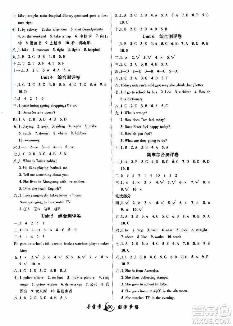 2019年優(yōu)質(zhì)課堂導(dǎo)學(xué)案英語六年級(jí)上冊(cè)RJ人教版參考答案