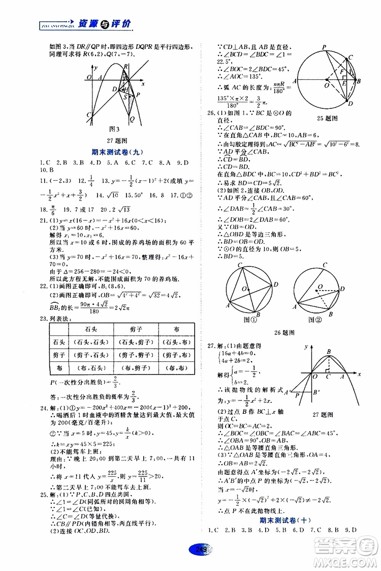 黑龍江教育出版社2019年五四學(xué)制資源與評(píng)價(jià)數(shù)學(xué)九年級(jí)上冊(cè)人教版參考答案