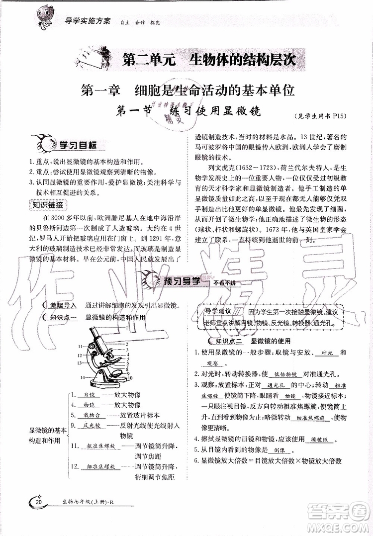 金太陽教育2019年金太陽導(dǎo)學(xué)案生物七年級上冊創(chuàng)新版參考答案
