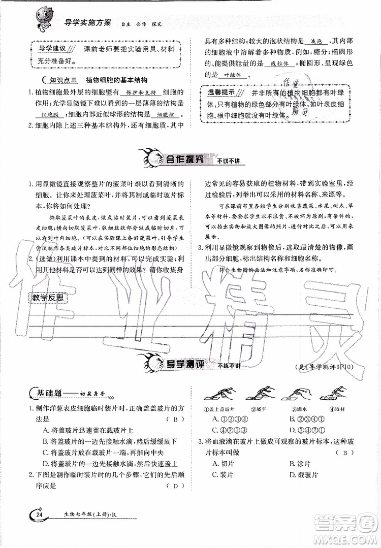 金太陽教育2019年金太陽導(dǎo)學(xué)案生物七年級上冊創(chuàng)新版參考答案