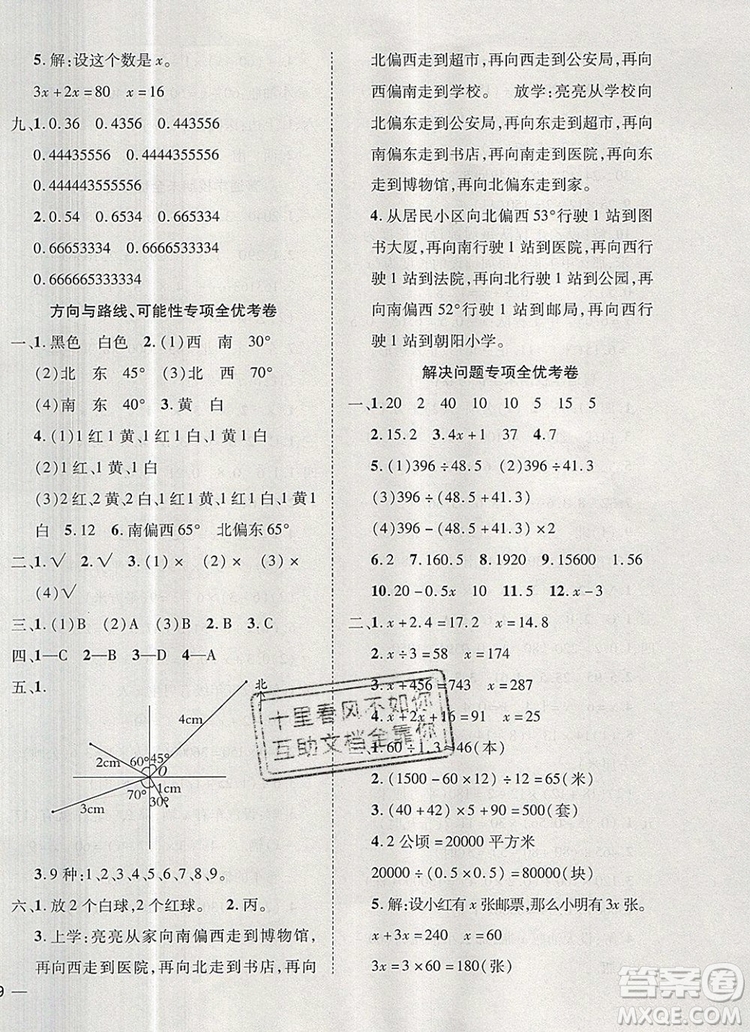2019年小學(xué)同步檢測必備全優(yōu)考卷五年級數(shù)學(xué)上冊冀教版答案