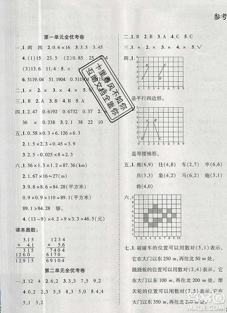 2019年小學(xué)同步檢測(cè)必備全優(yōu)考卷五年級(jí)數(shù)學(xué)上冊(cè)人教版答案
